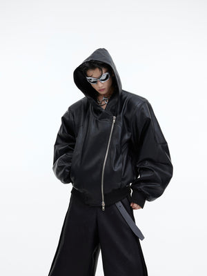 Oversized sleeve PU hooded jacket with bold asymmetric zip closure, streetwear fashion statement