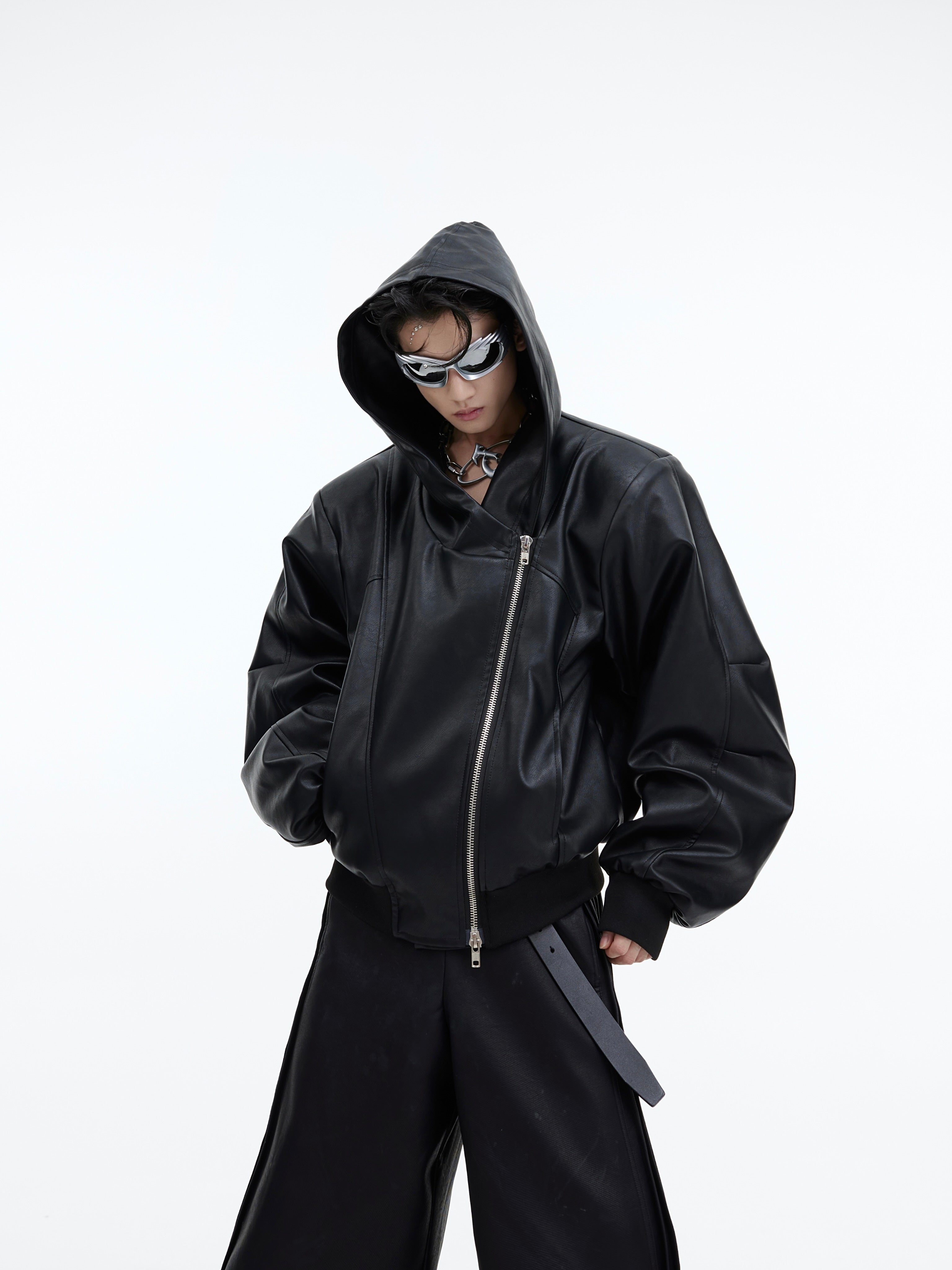 Oversized sleeve PU hooded jacket with bold asymmetric zip closure, streetwear fashion statement