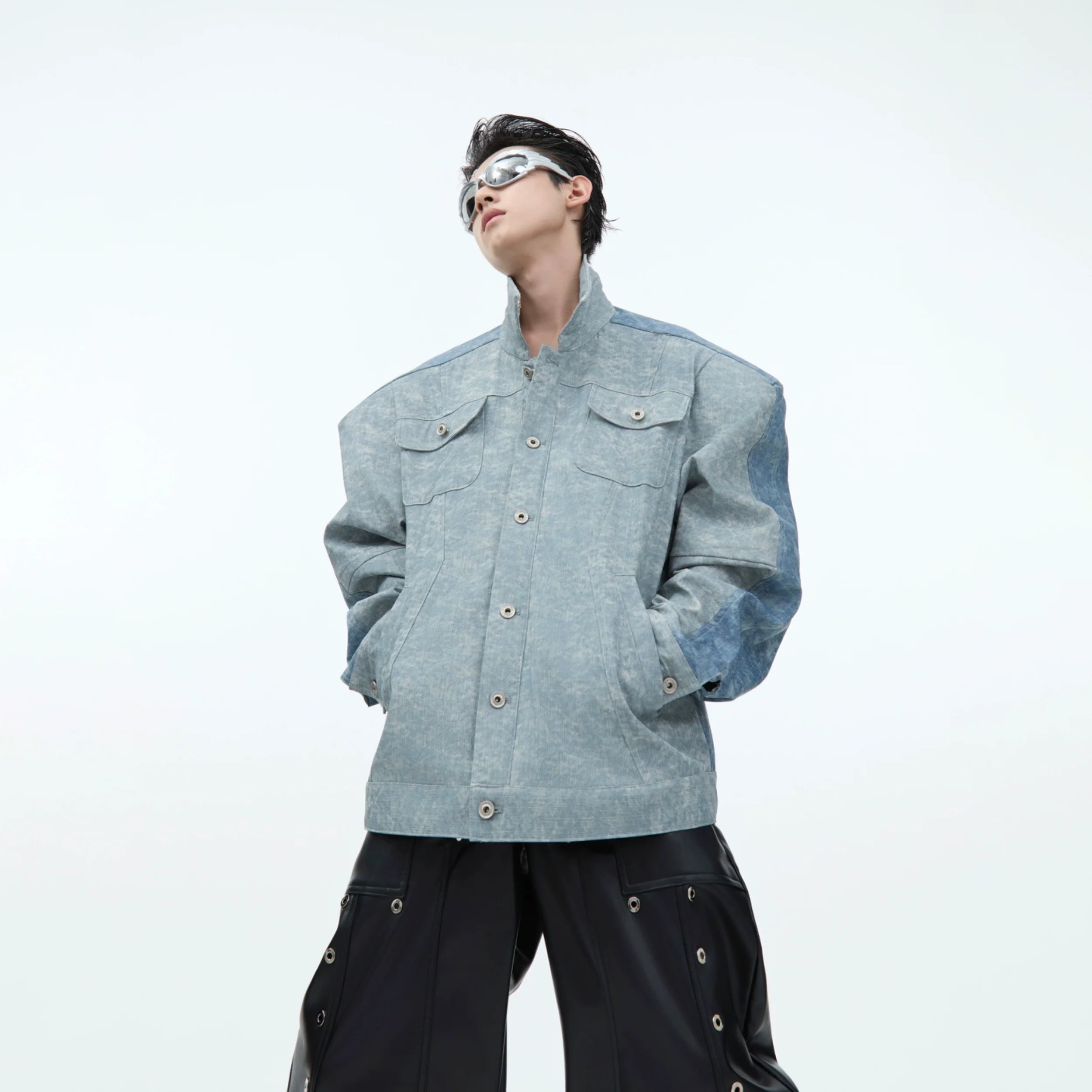 Textured PU leather asymmetrical overshirt with bold double-sided design, showcasing premium hybrid jacket construction