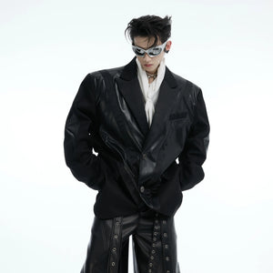Deconstructed PU leather oversized blazer with padded shoulder detail, showcasing streetwear fashion