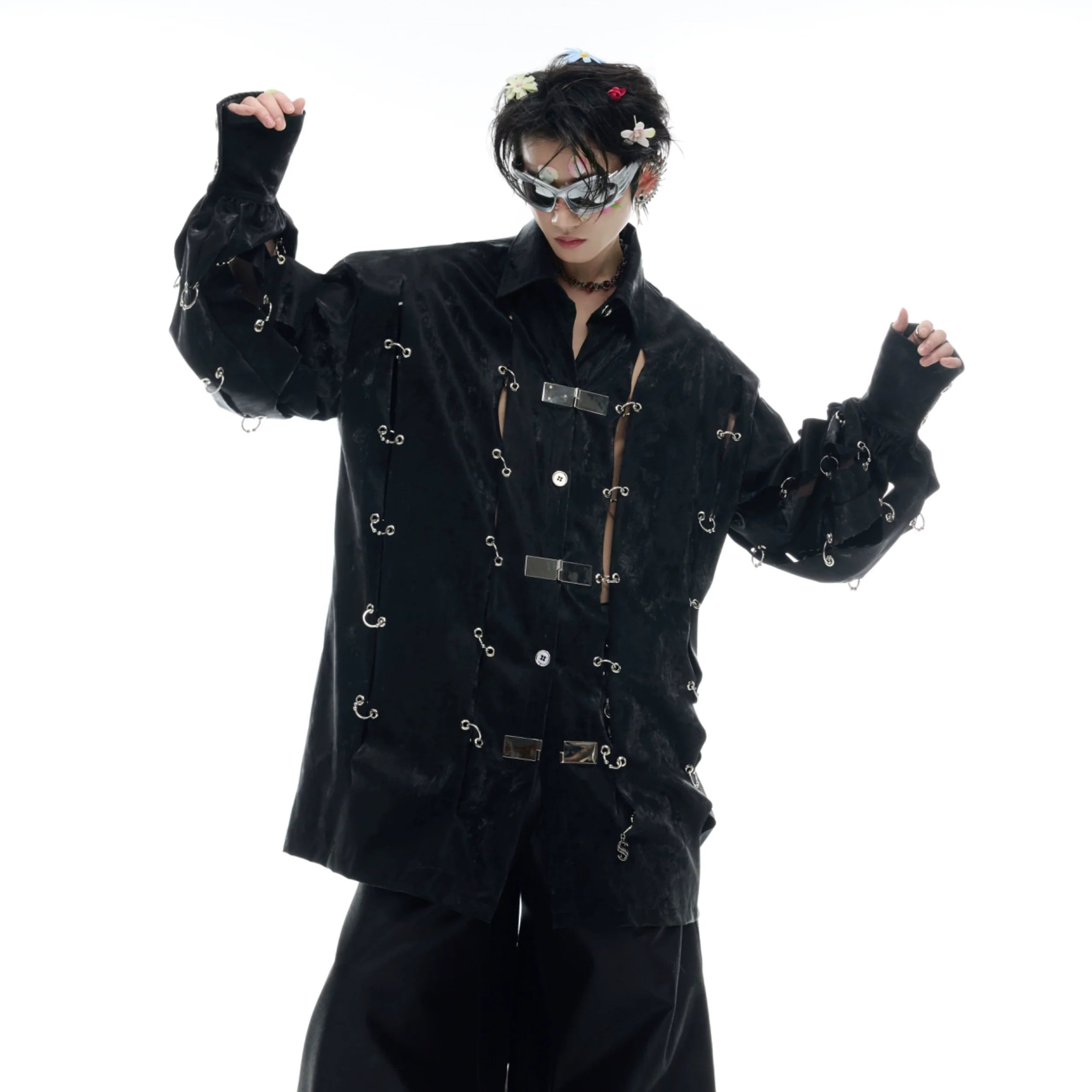 Front view of edgy PU leather jacket with bold metal buckle cutout design, perfect for streetwear fashion