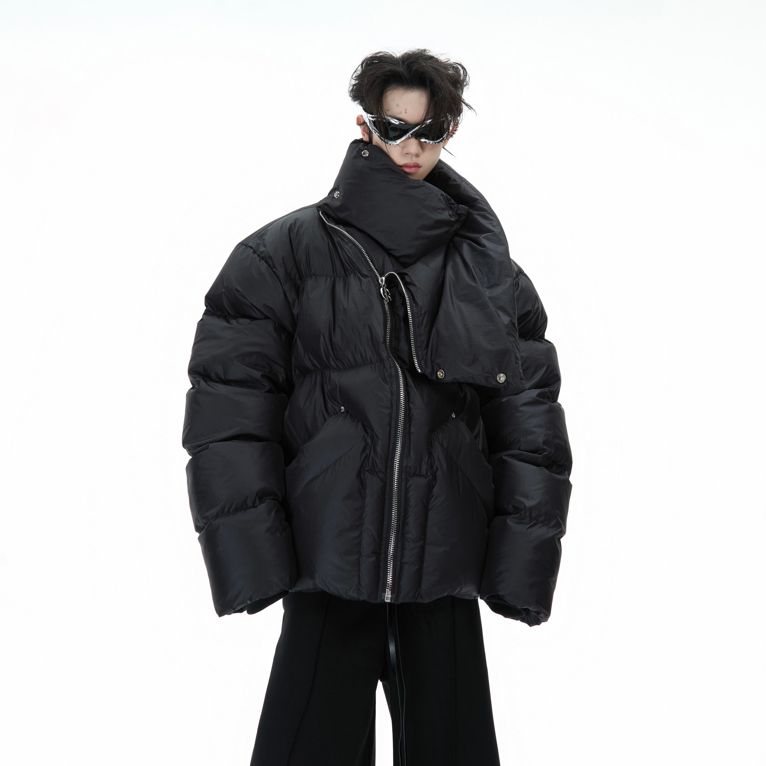 Side angle showing the innovative diagonal zipper closure on this oversized cotton-padded puffer jacket