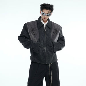 Close-up of the studded collar on this unique snakeskin PU leather punk jacket