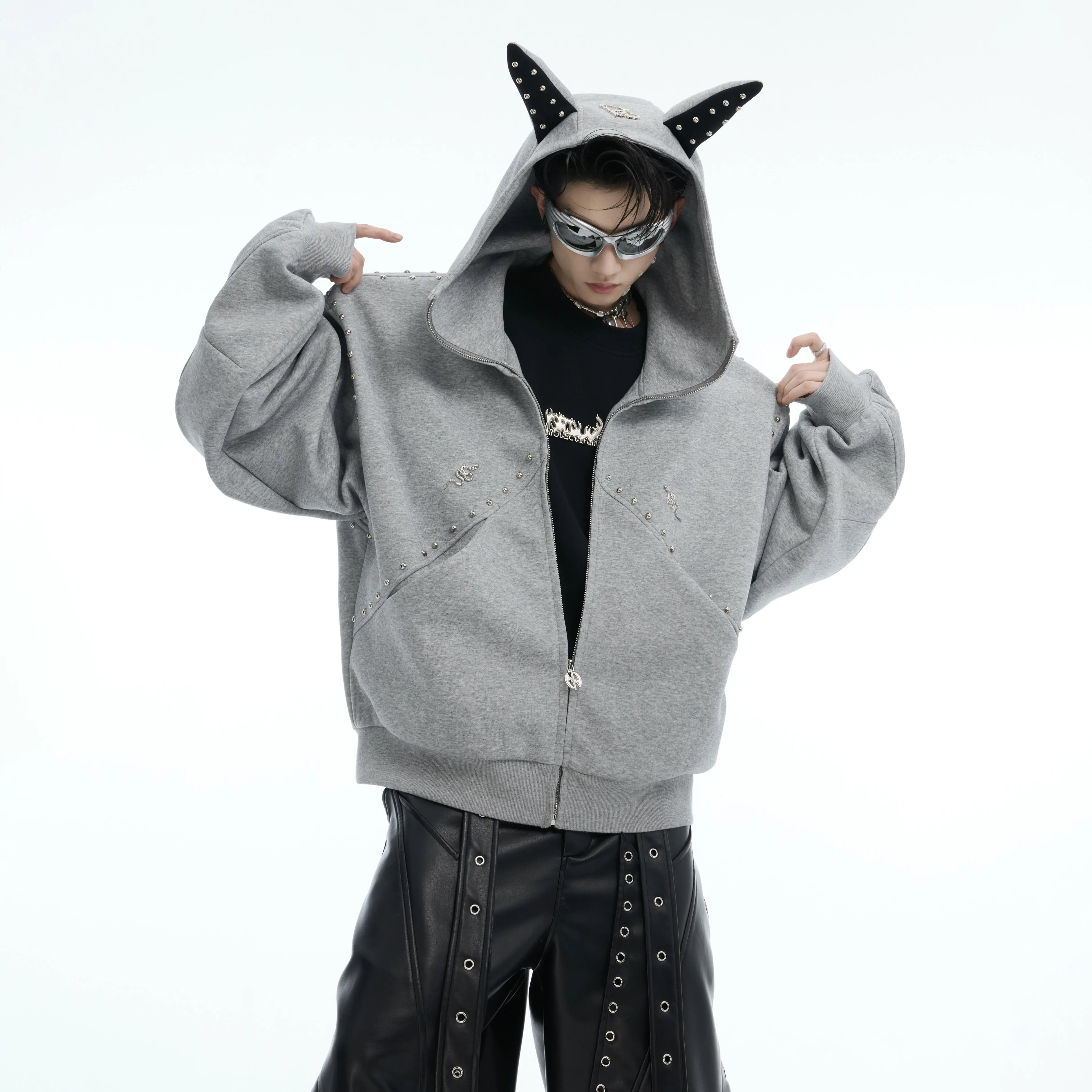 Front view of punk studded doberman hoodie showing edgy streetwear design with metallic stud details