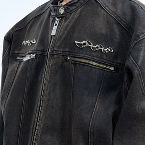 Close-up of quilted denim jacket showing premium heavy wash texture and industrial cowboy style details
