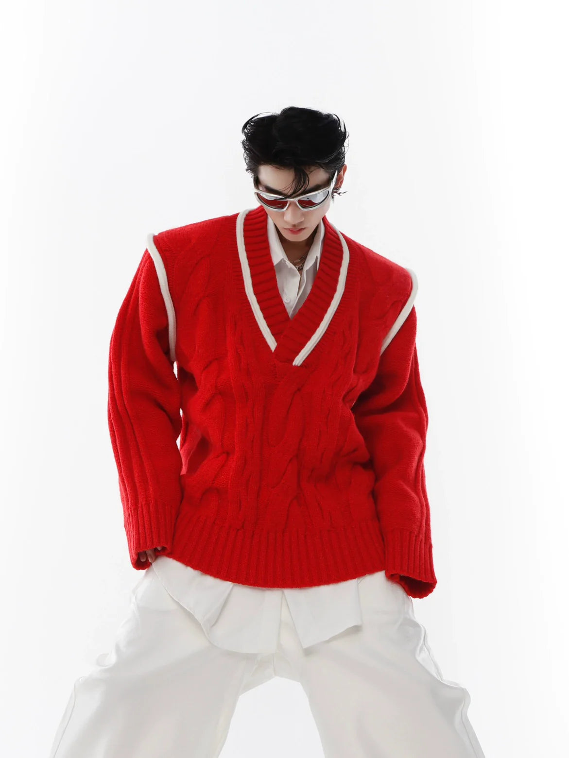 Red V-neck cable knit oversized sweater with soft yarn, perfect for Christmas streetwear fashion