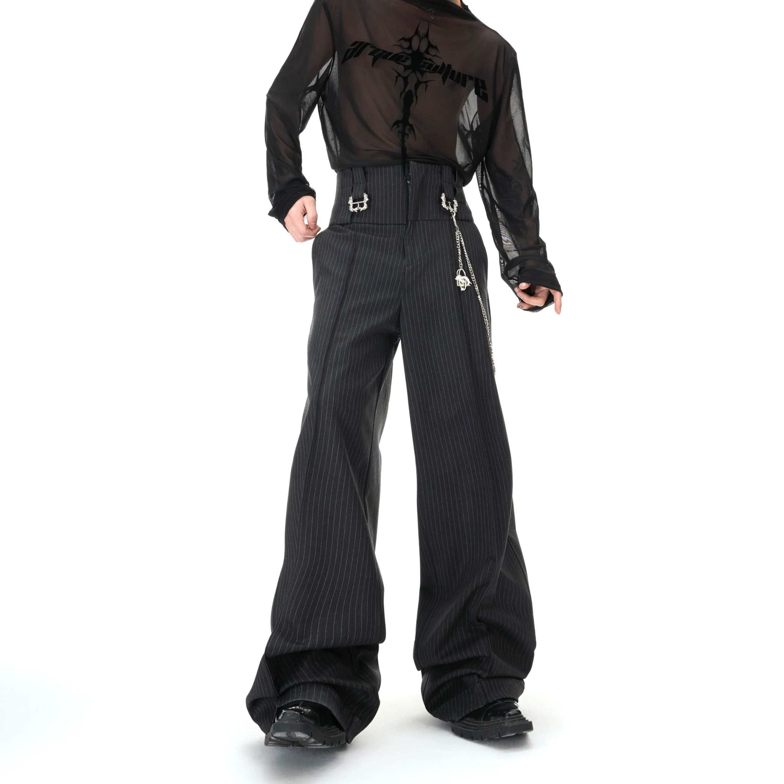 Retro striped dress pants with distinctive metal chain detailing, loose straight-leg fit trousers for urban fashion