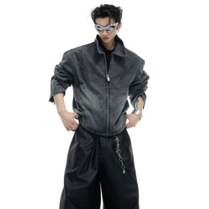 Short box fit denim jacket with premium custom branded zippers and convertible cuff details for adjustable styling