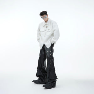 Close-up of premium silver mink hair fleece fabric in this stylish urban winter sweater with edgy metal details