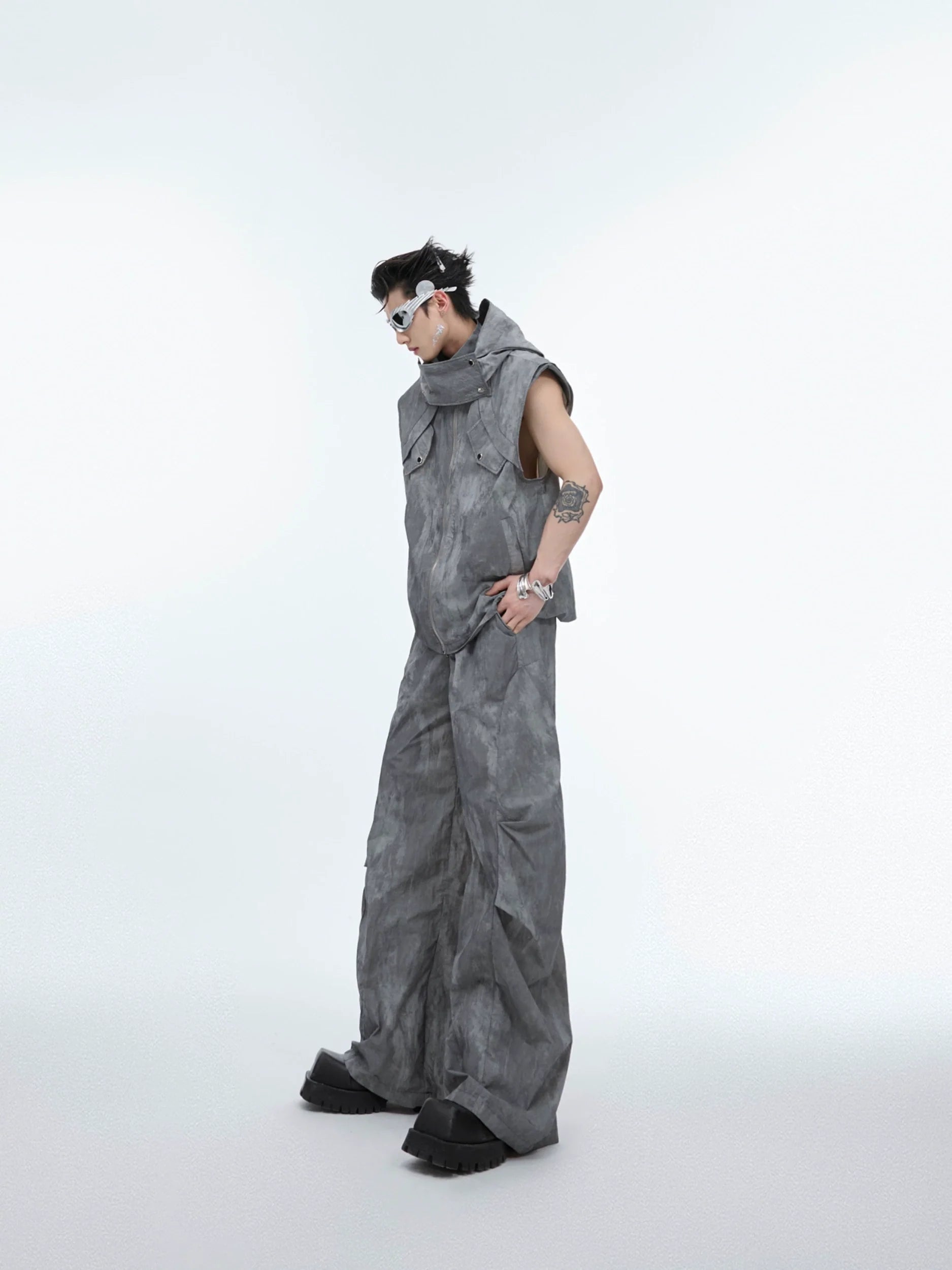 Distressed wasteland vest with deconstructed design and asymmetric cuts, perfect for urban streetwear style