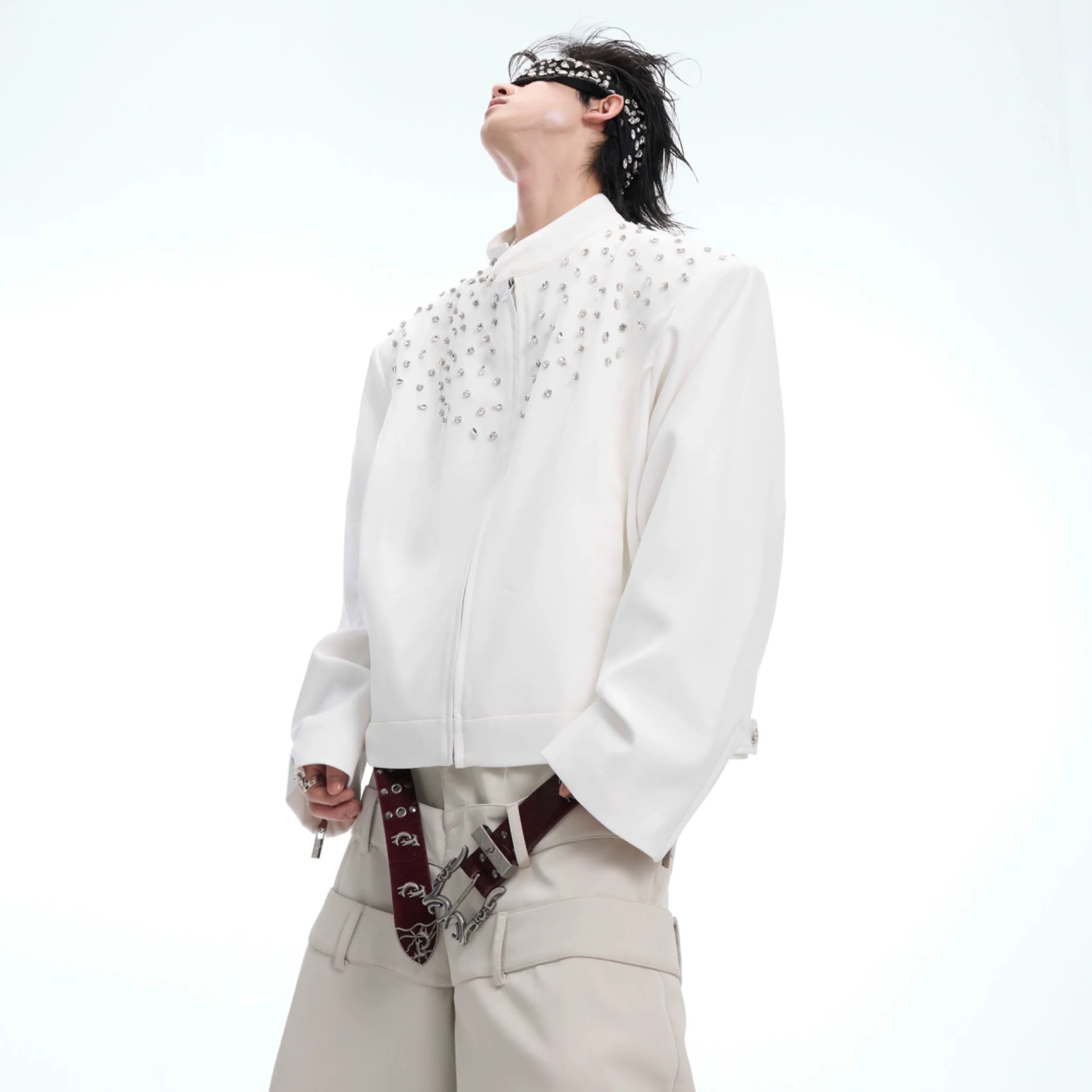 Front view of slim fit rhinestone Harrington jacket featuring avant-garde studded bead detailing for streetwear style