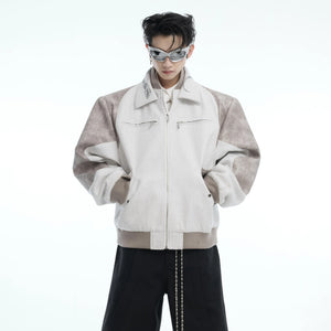 Front view of snake print patchwork cropped jacket featuring edgy double collar design for streetwear fashion