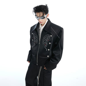 Snake scale embroidered vintage jacket with bold deconstructed design, showcasing avant-garde streetwear style