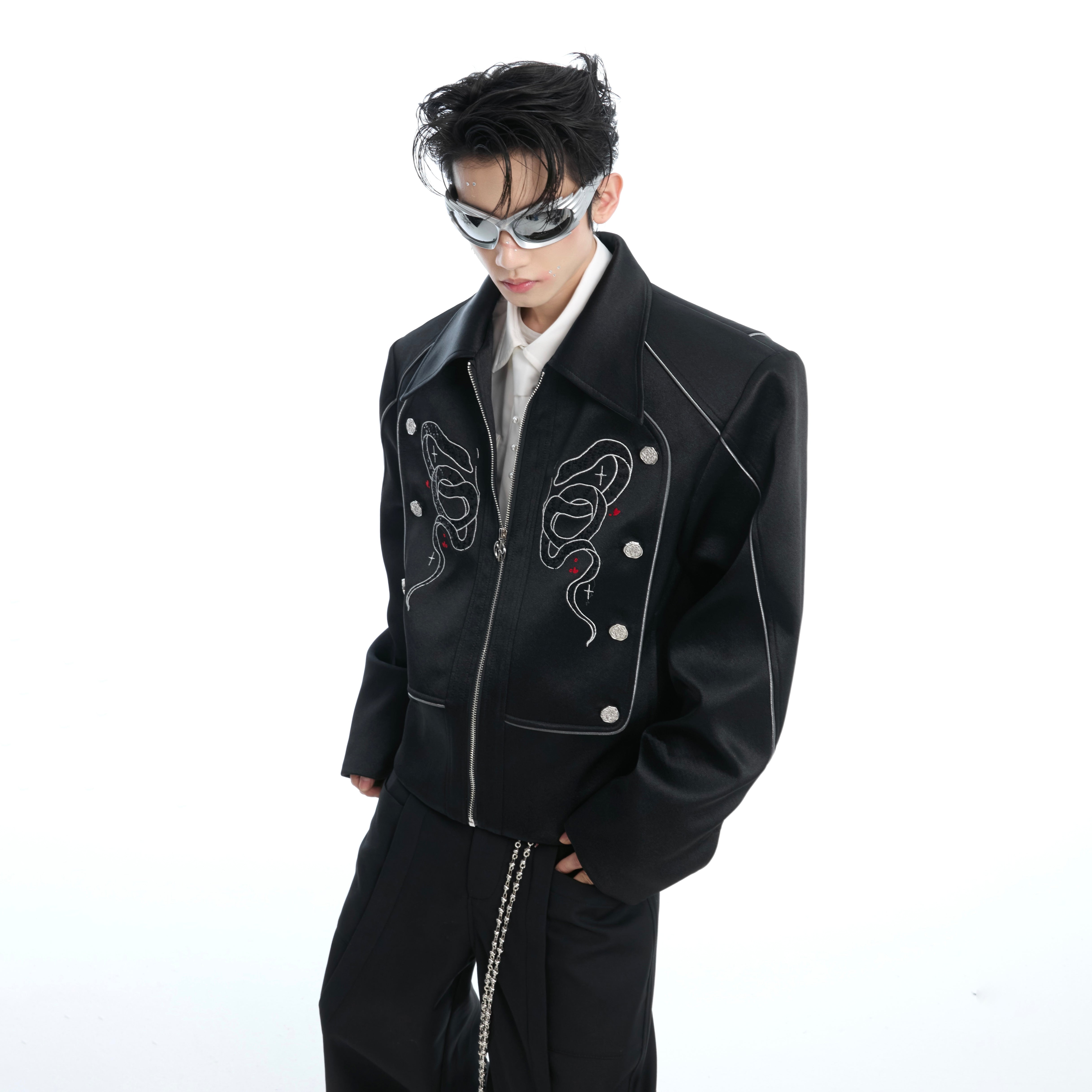 Snake scale embroidered vintage jacket with bold deconstructed design, showcasing avant-garde streetwear style