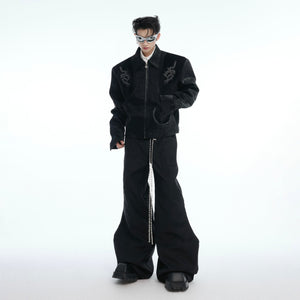 Model wearing the snakeskin leather jacket open to show the punk-inspired interior design