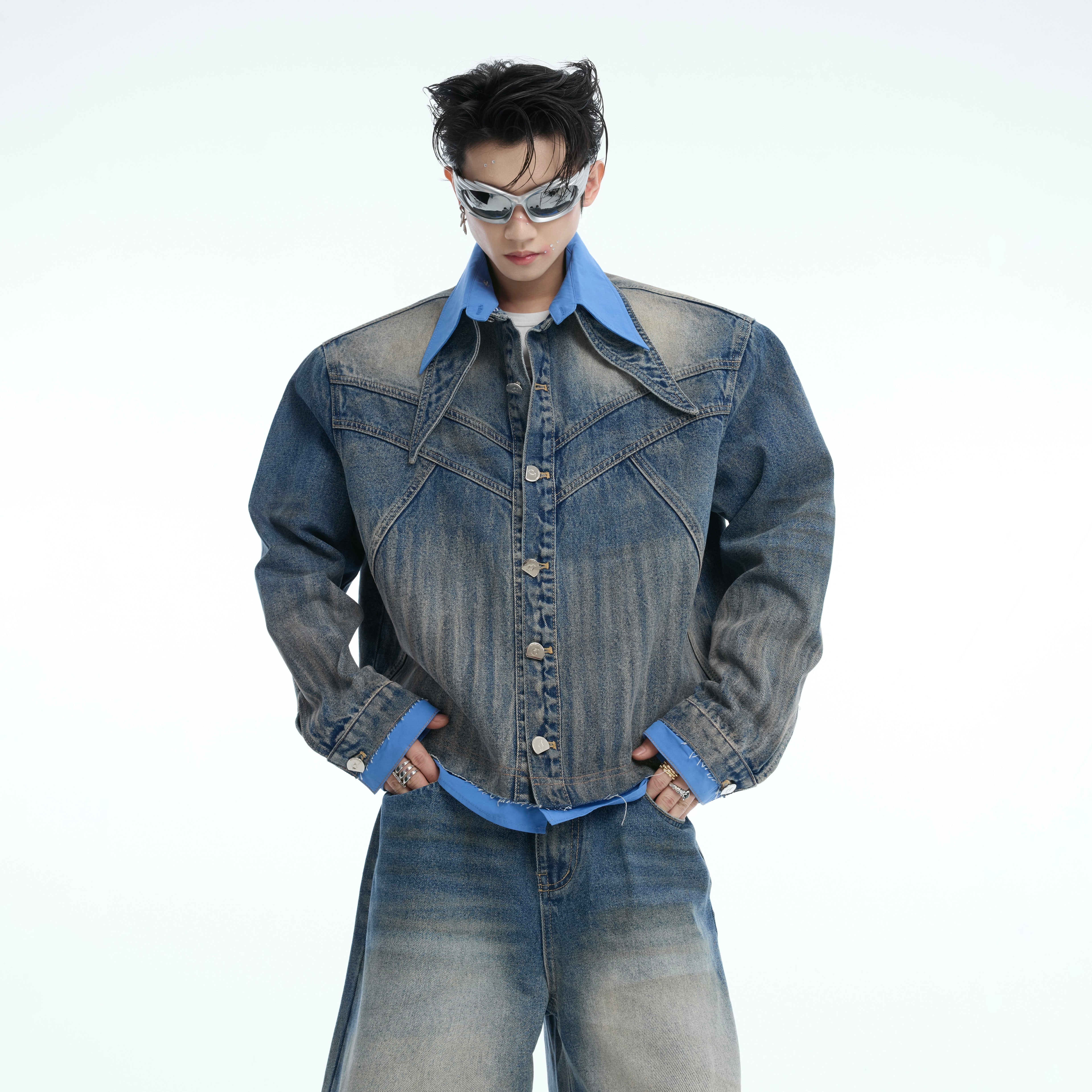 Close-up of distressed detailing on straight fit jeans with authentic vintage wash and rugged texture