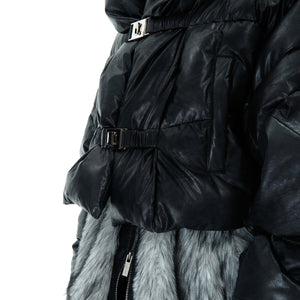 Front view of unique two-piece men's streetwear coat with faux fur accents and urban style