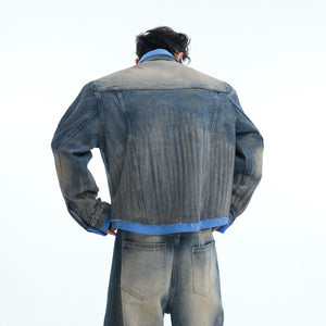 Detailed shot of premium fabric layering in this streetwear-inspired denim suit combination