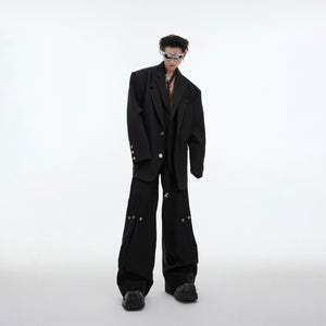 Full view of deconstructed suit set combining streetwear aesthetics with tailored elegance