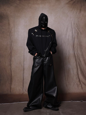 Back view showing the structured silhouette of this avant-garde asymmetrical zip-up hoodie