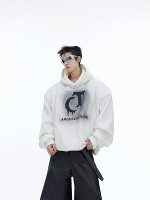 Back view of oversized pullover hoodie displaying prominent streetwear logo print design