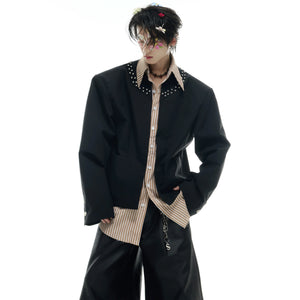 Slim fit striped shirt with metal studs showing the faux two-piece design and polo collar for urban fashion