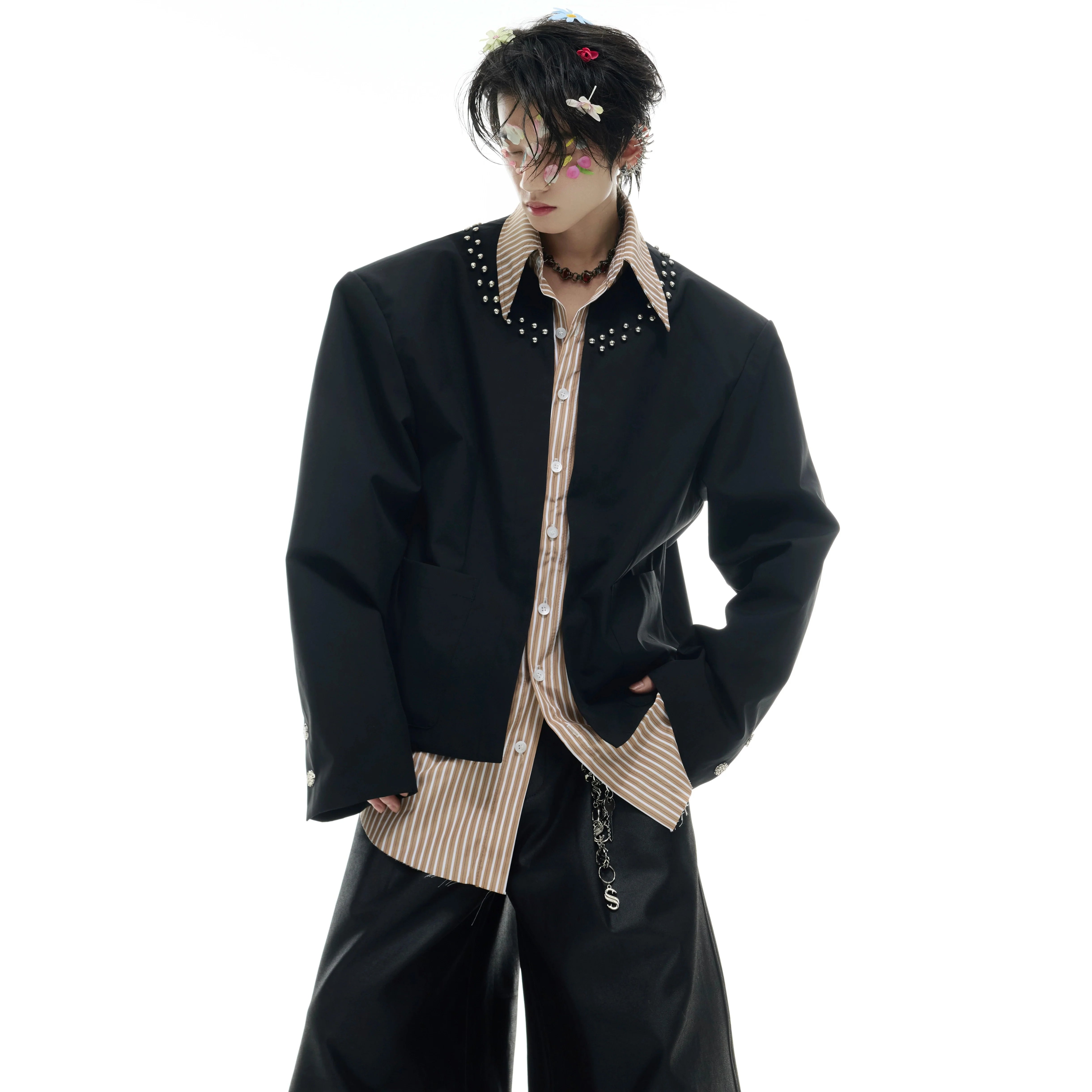 Slim fit striped shirt with metal studs showing the faux two-piece design and polo collar for urban fashion