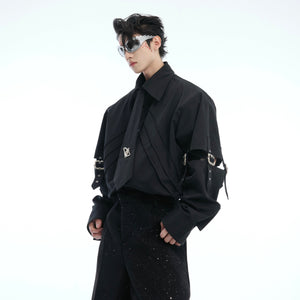 Close-up of the unique lacing detail on this avant-garde deconstructed streetwear shirt