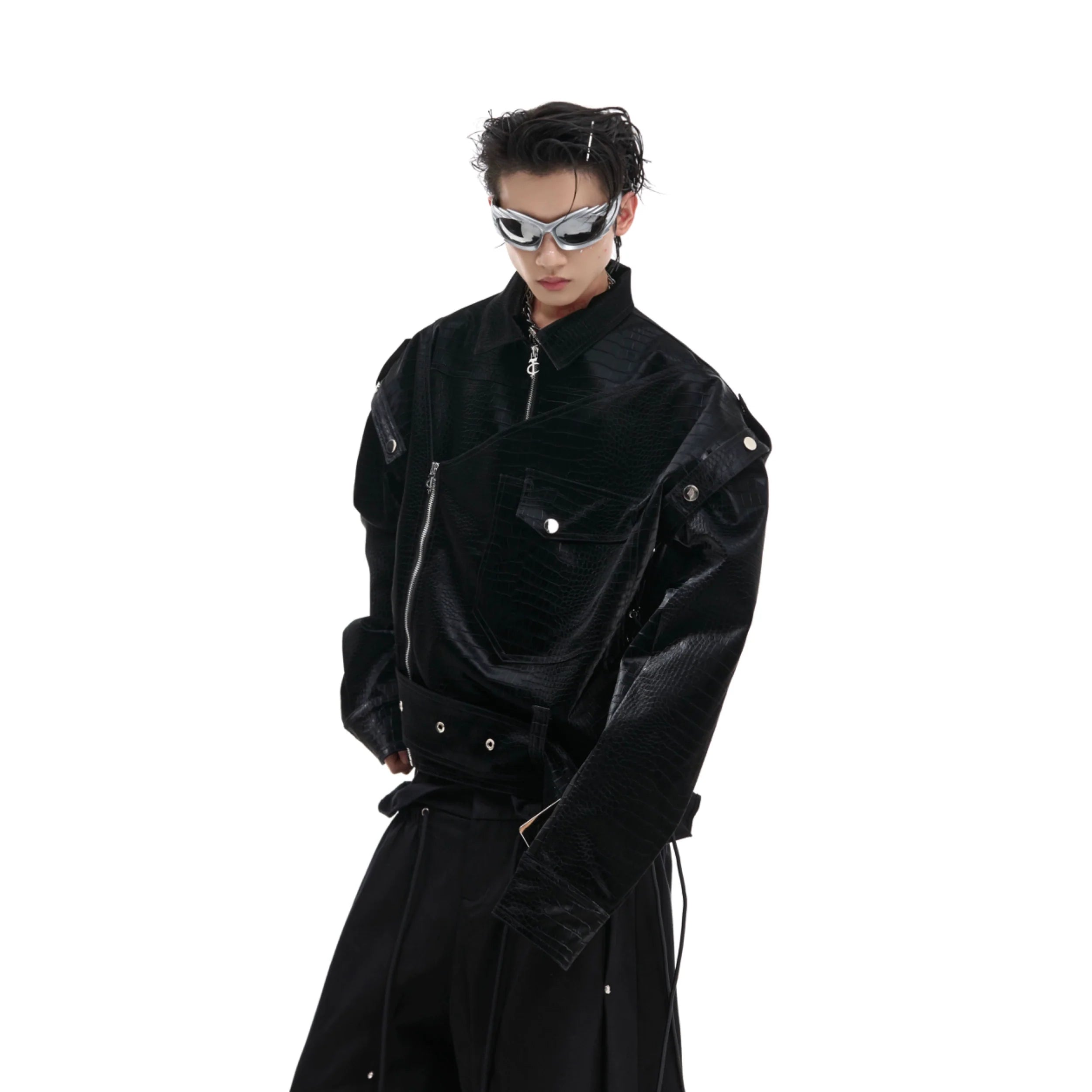 Structured croc-print PU jacket with glossy shoulder pads, showcasing the deconstructed military collar streetwear design