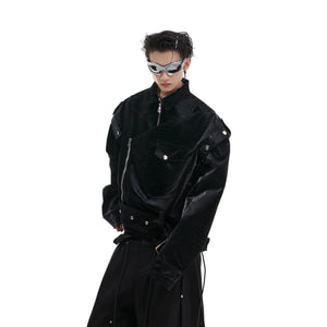 Structured croc-print PU jacket with glossy shoulder pads, showcasing the deconstructed military collar streetwear design
