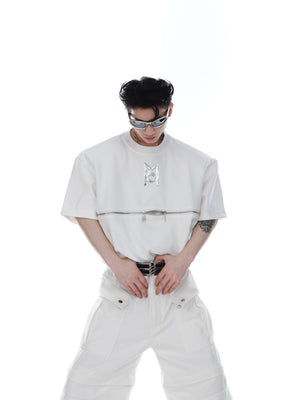 Front view of oversized streetwear zip-up tee featuring controversial asymmetric lines and bold graphic print