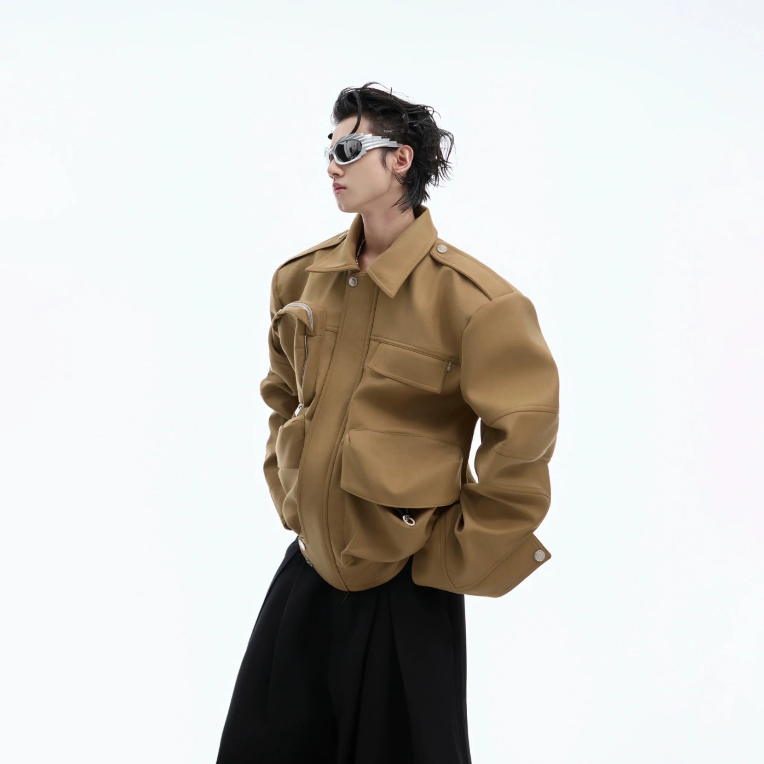 Deconstructed techwear jacket with multiple utility pockets and asymmetrical details for urban streetwear style