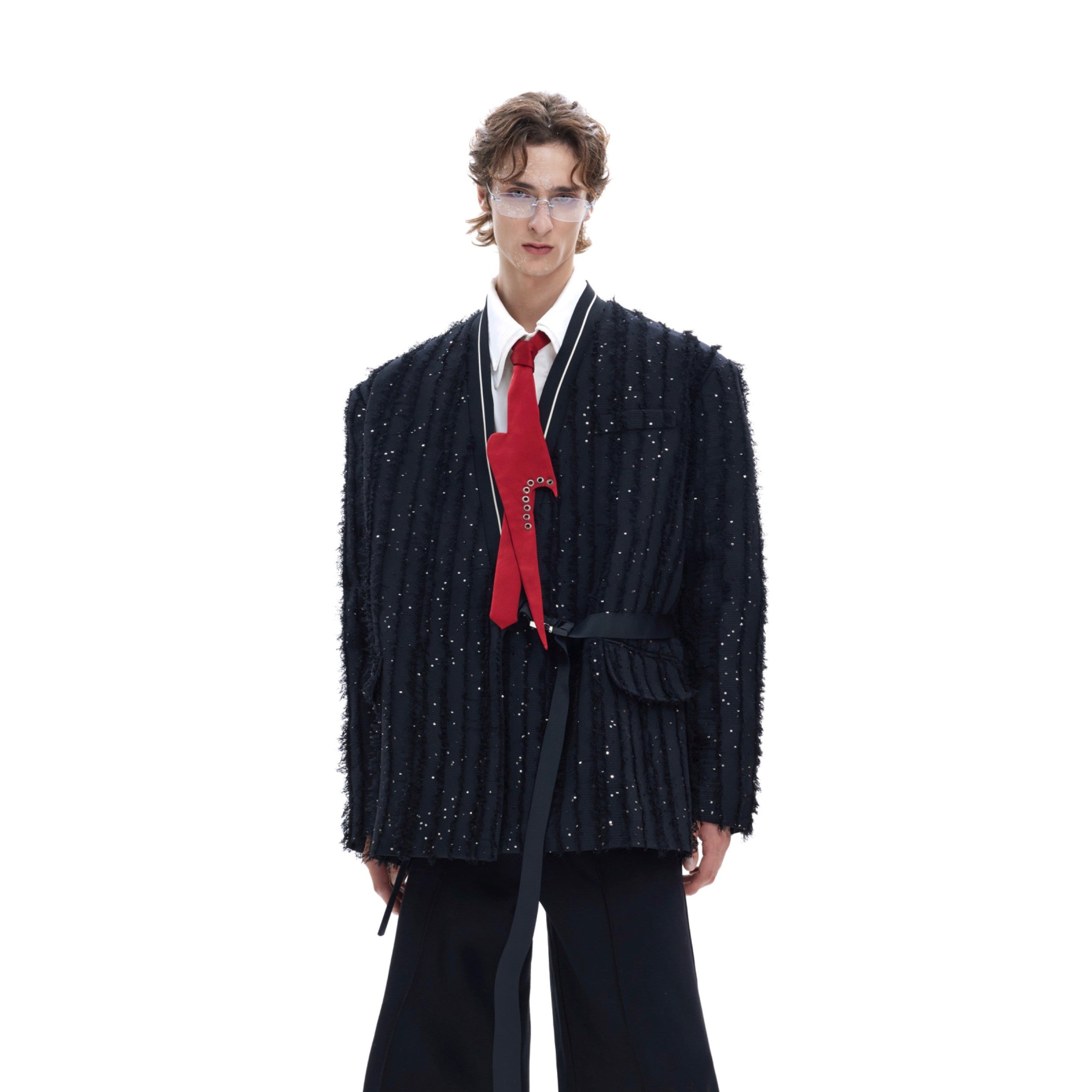 Back view showing the unique fringe texture and sequin embellishments on this high-end streetwear blazer