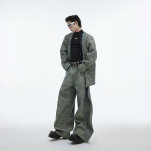 Front view of deconstructed denim jacket with metal zipper detailing and raw edges for edgy streetwear look