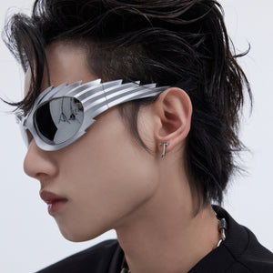 Angled view of unisex T-bar statement earrings showcasing the modern geometric silhouette and urban aesthetic