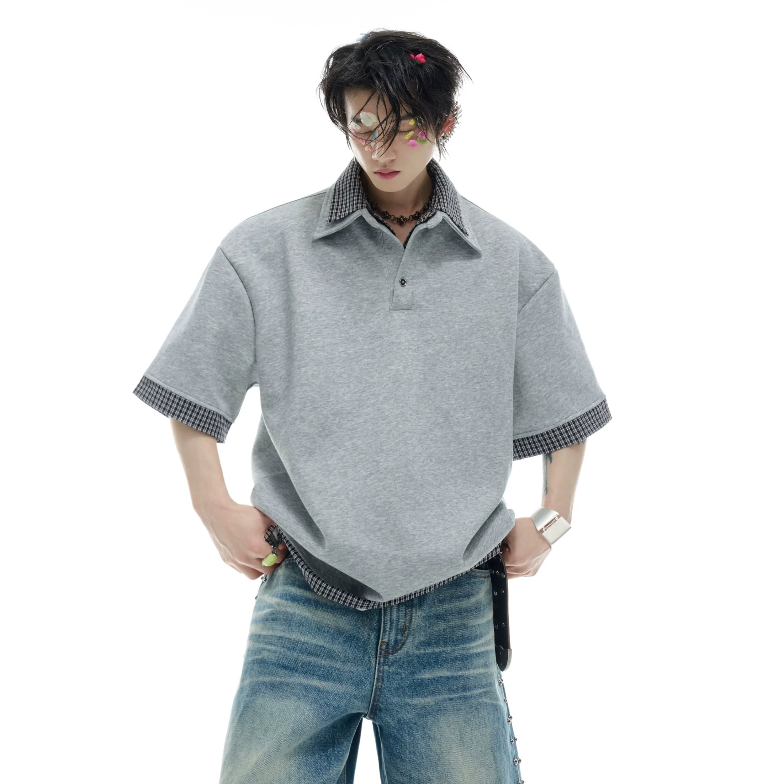 Vintage checkered polo tee with retro plaid pattern, perfect for summer streetwear fashion