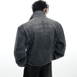Vintage washed denim jacket featuring intricate 3D skeleton embroidery on front, streetwear essential with unique detailing