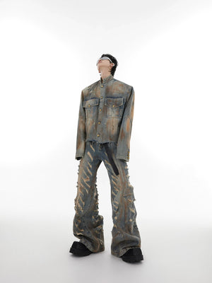 Front view of vintage distressed denim set featuring a destroyed jacket with irregular distressing and flare jeans