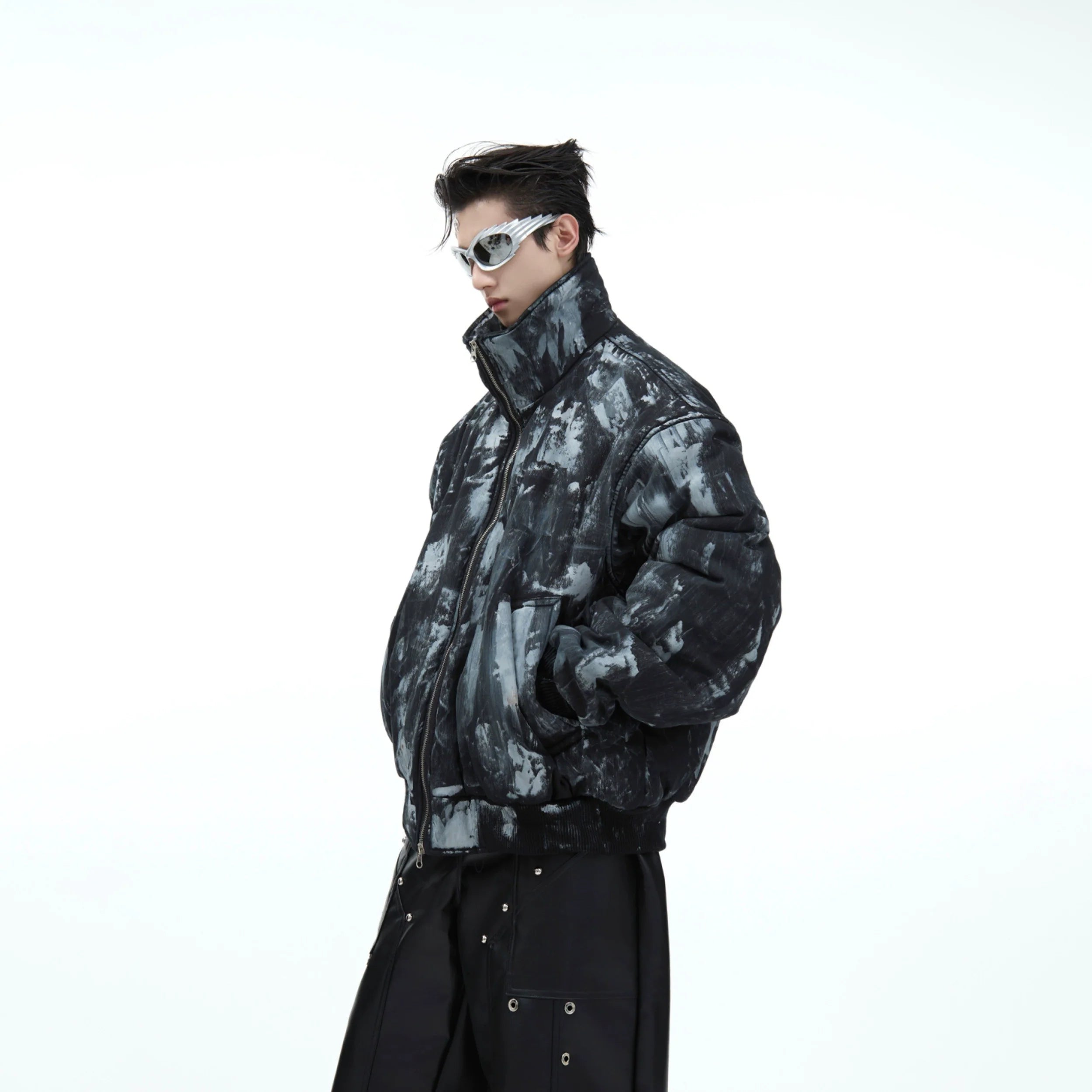 Vintage hand-painted graffiti cotton jacket with distressed finish, featuring unique oversized pockets for urban winter style