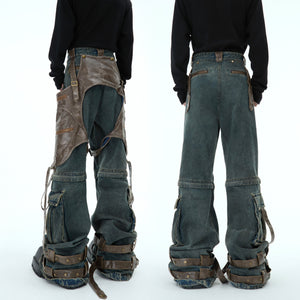 Close-up of artfully faded wash and distressing on heavyweight vintage denim jeans