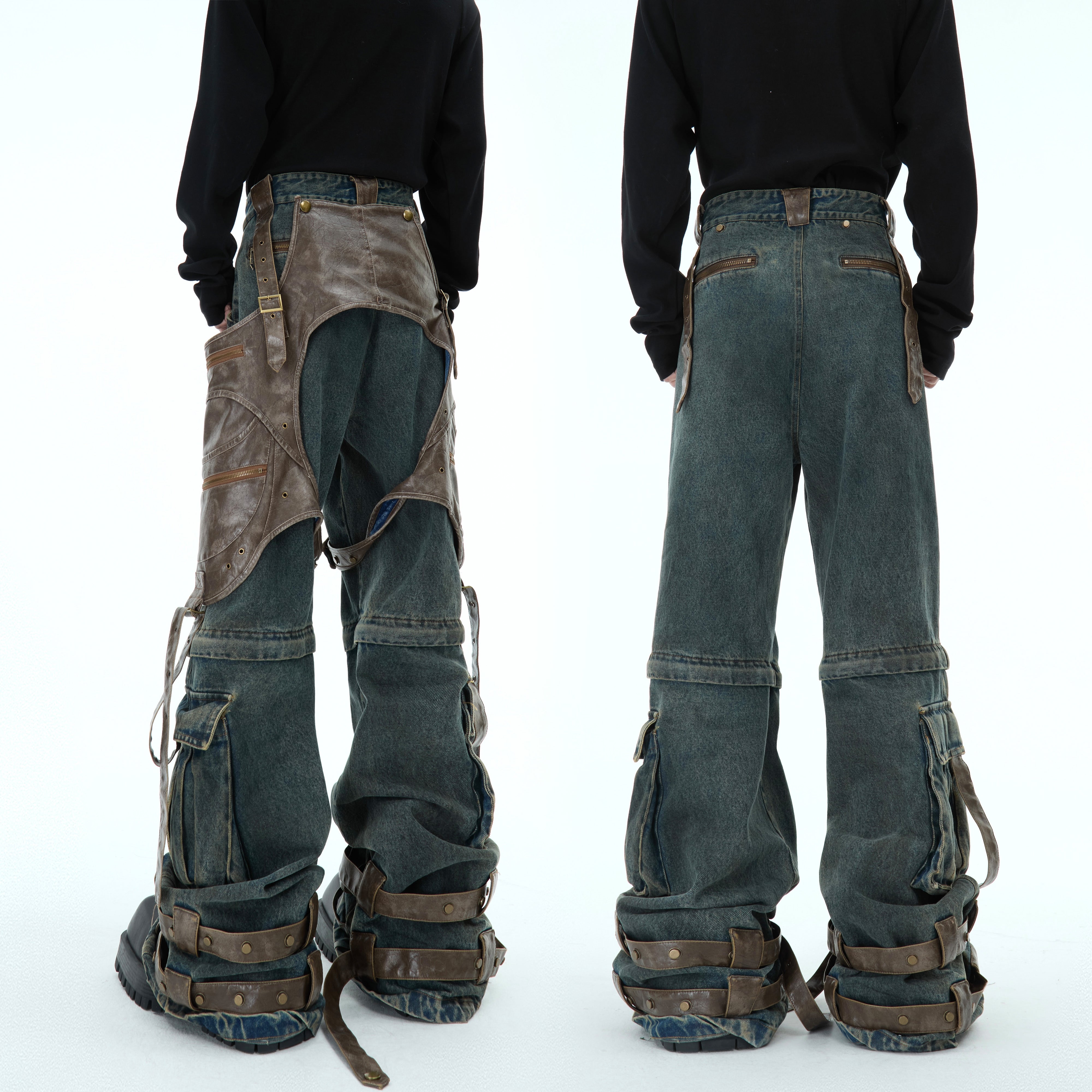 Close-up of artfully faded wash and distressing on heavyweight vintage denim jeans