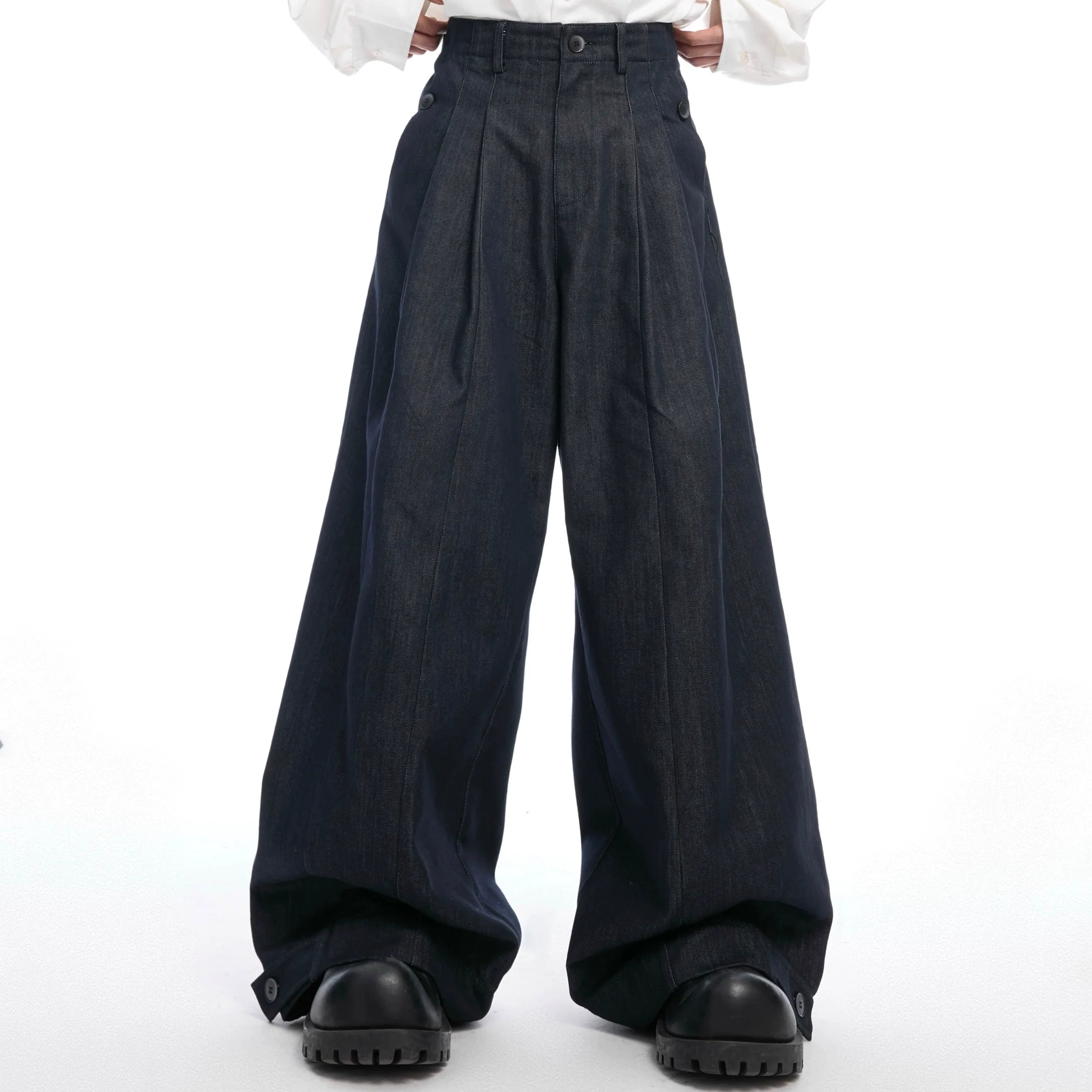 Front view of vintage raw denim wide-leg jeans showing relaxed fit and heavyweight cotton construction