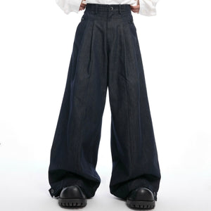 Front view of vintage raw denim wide-leg jeans showing relaxed fit and heavyweight cotton construction