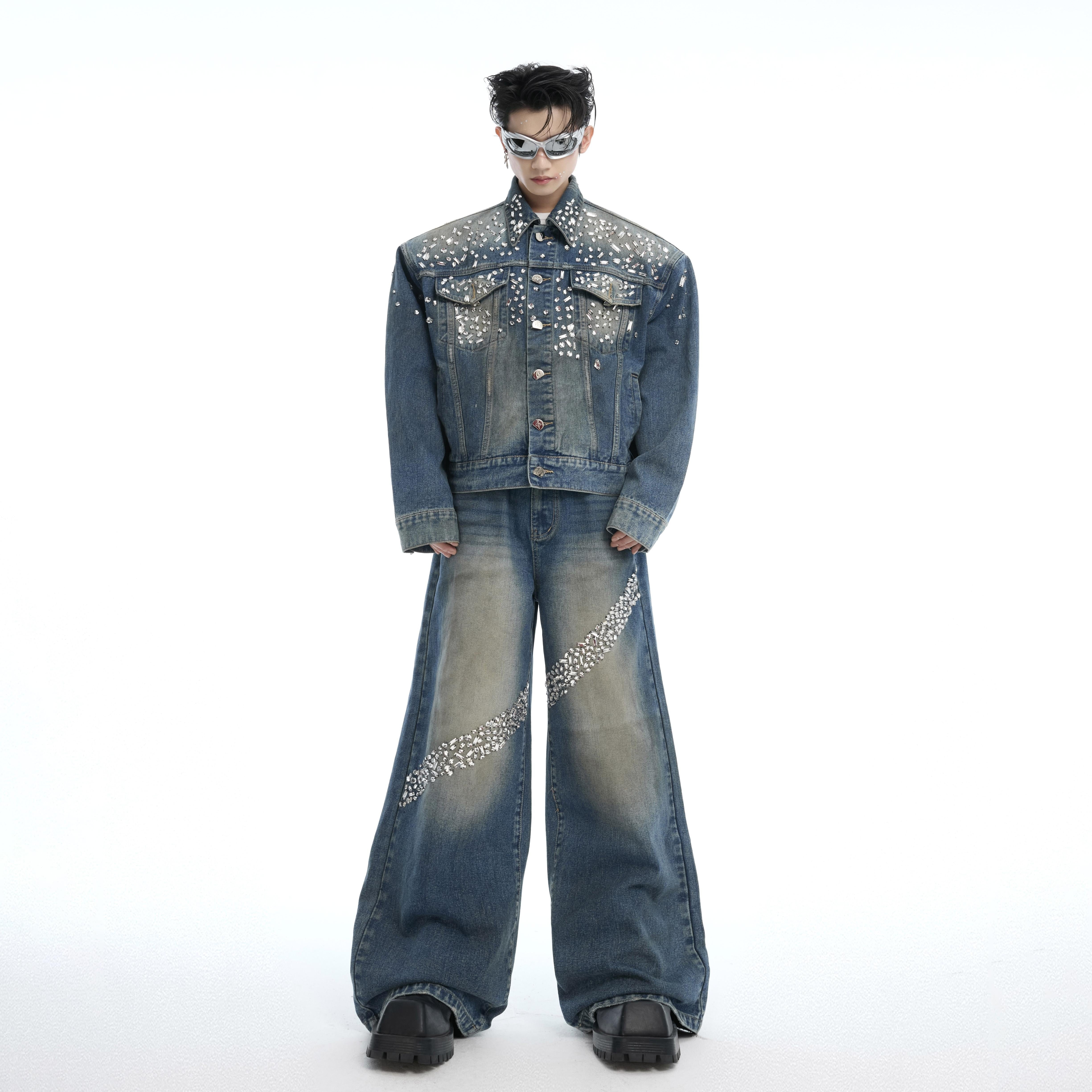 Vintage denim jacket and jeans set with hand-set rhinestone detailing, distressed wash for edgy streetwear look