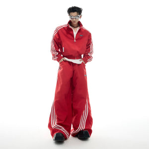 Front view of vintage stripe collar jacket with stand-up collar and cropped streetwear style