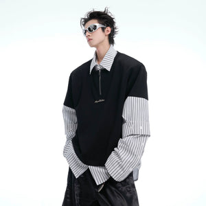 Vintage stripe shirt-tee with loose fit and long sleeves, featuring retro two-tone stripe design for streetwear style