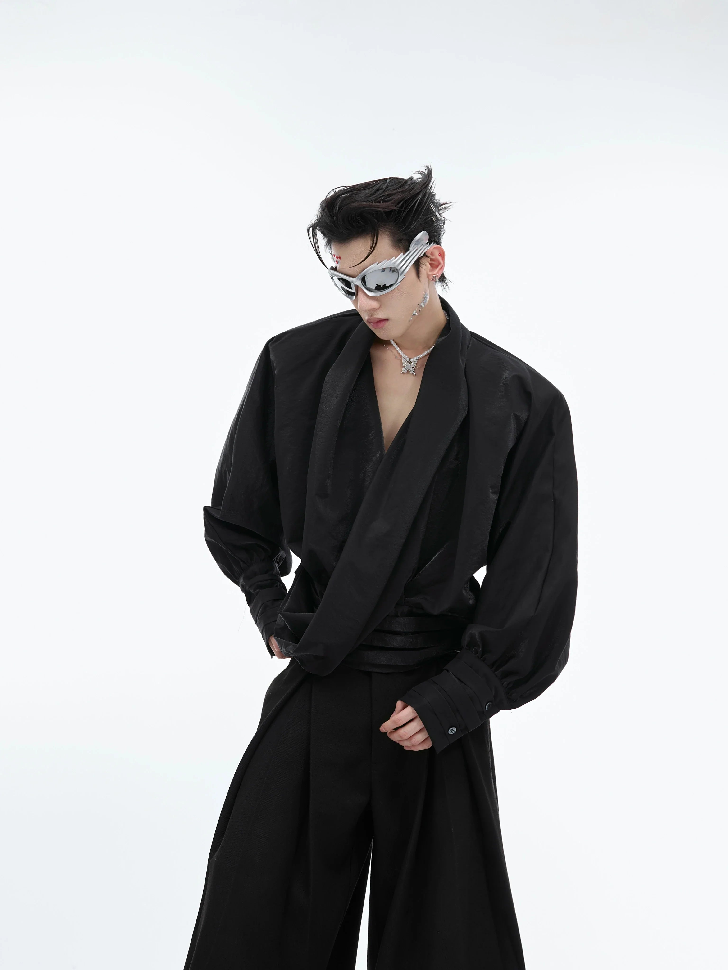 Liquid-Finish V-Neck velvet overshirt with drop shoulder design, showcasing the loose fit and deconstructed neckline for streetwear style