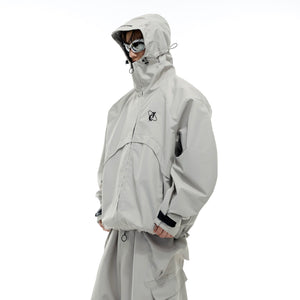 Front view of waterproof hiking jacket showing windproof design and detachable lining for versatile outdoor use