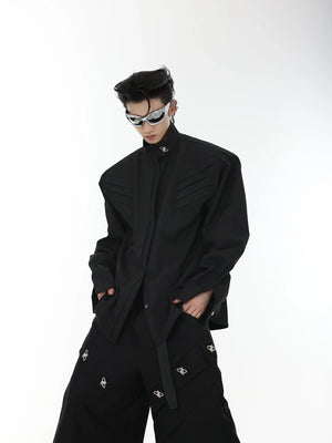 White oversized deconstructed shirt with unique split neckline and drop shoulder design, perfect for streetwear looks