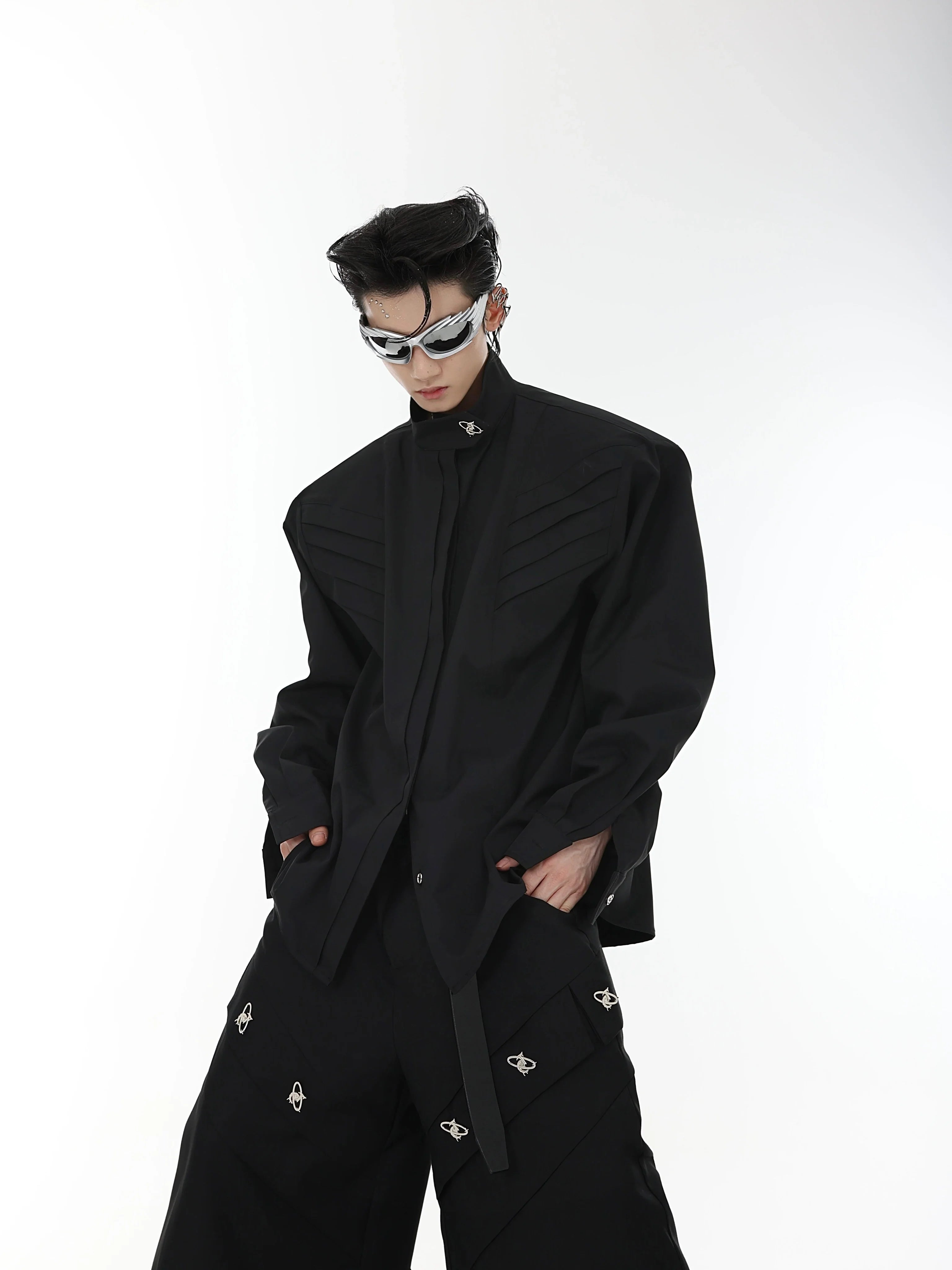 White oversized deconstructed shirt with unique split neckline and drop shoulder design, perfect for streetwear looks